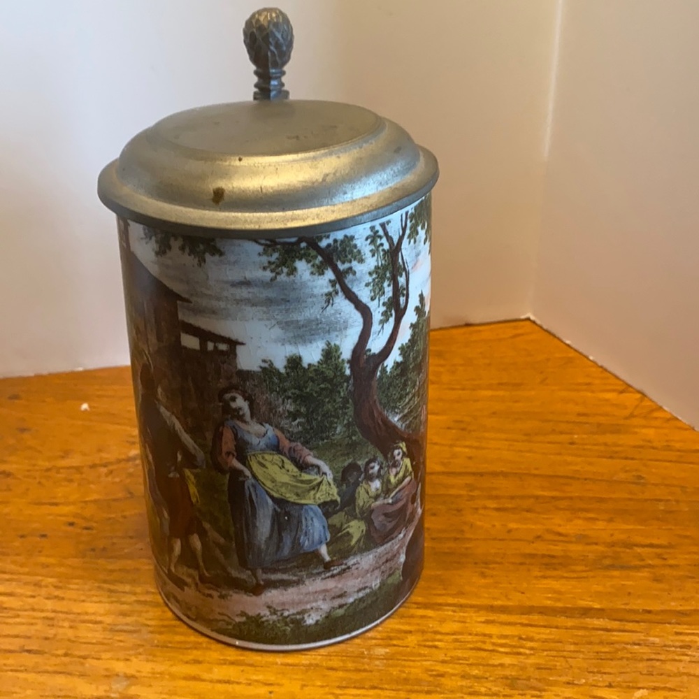 Vintage Western Germany transfer wear Renaissance farm themed stein with lid